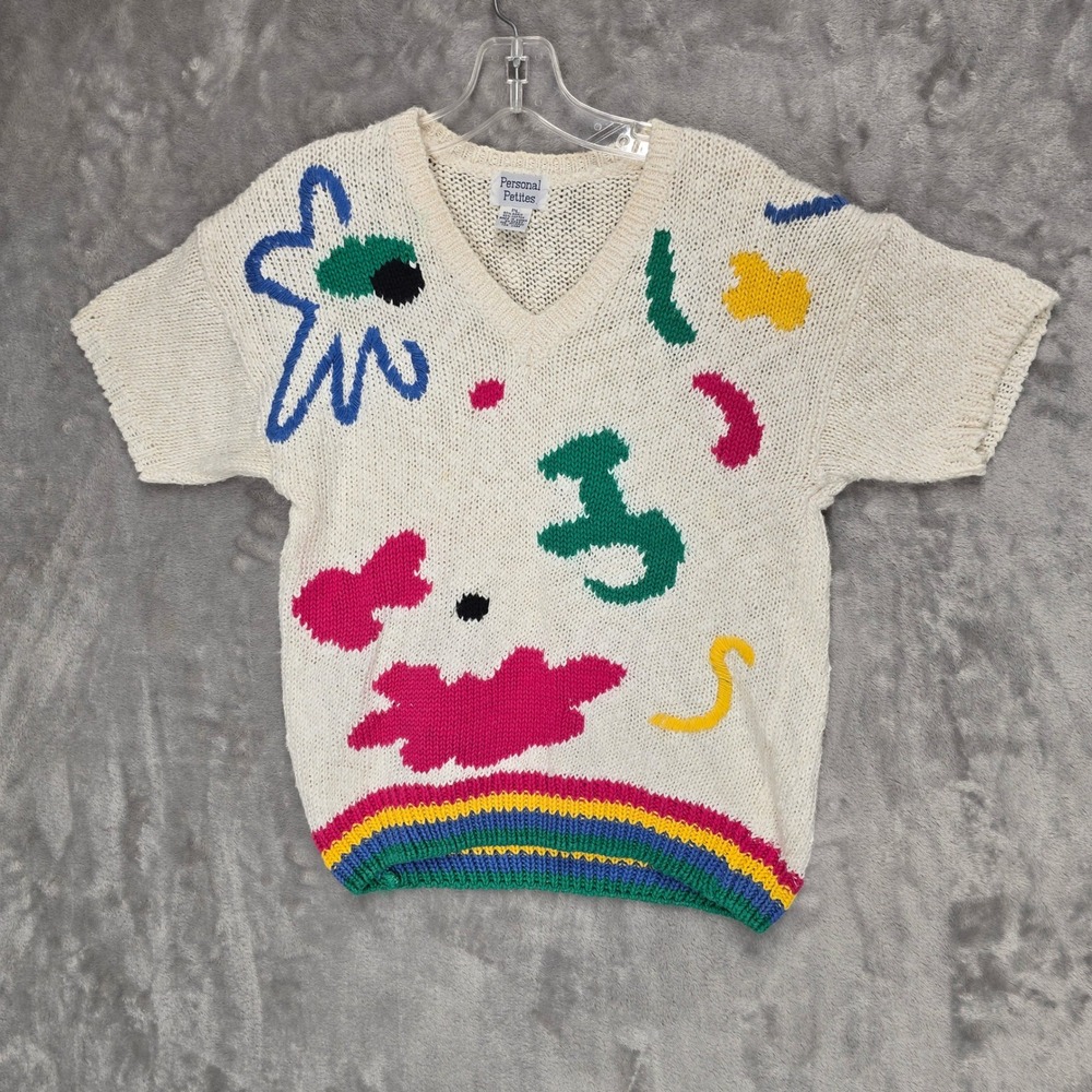 Vtg Personal Petites Shirt Sweater Women PL Cream Abstract Rainbow Short Sleeve